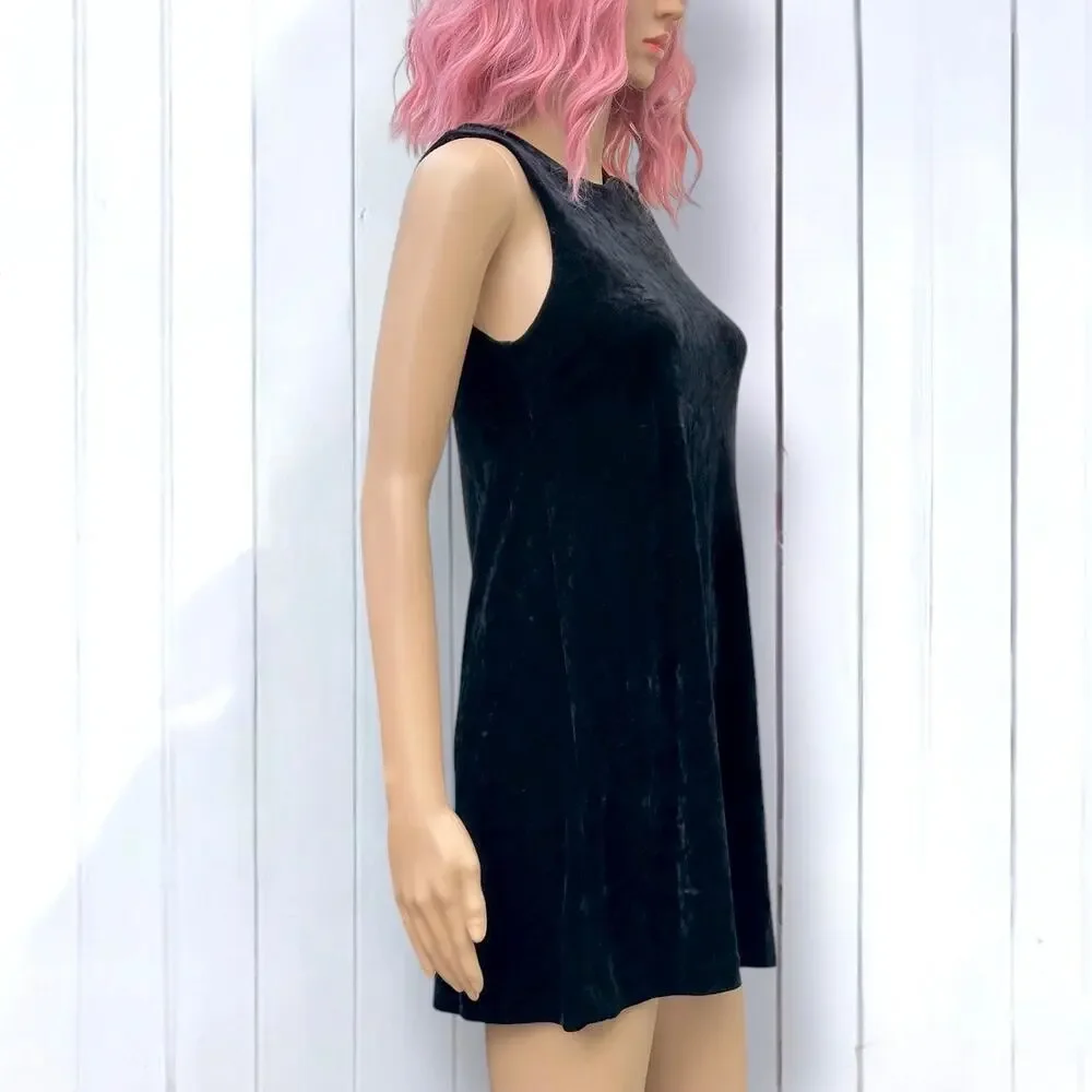 Vintage Betsey Johnson Large 1990s Black Stretch Crushed Velvet Dress Tunic Tank - Picture 5 of 13